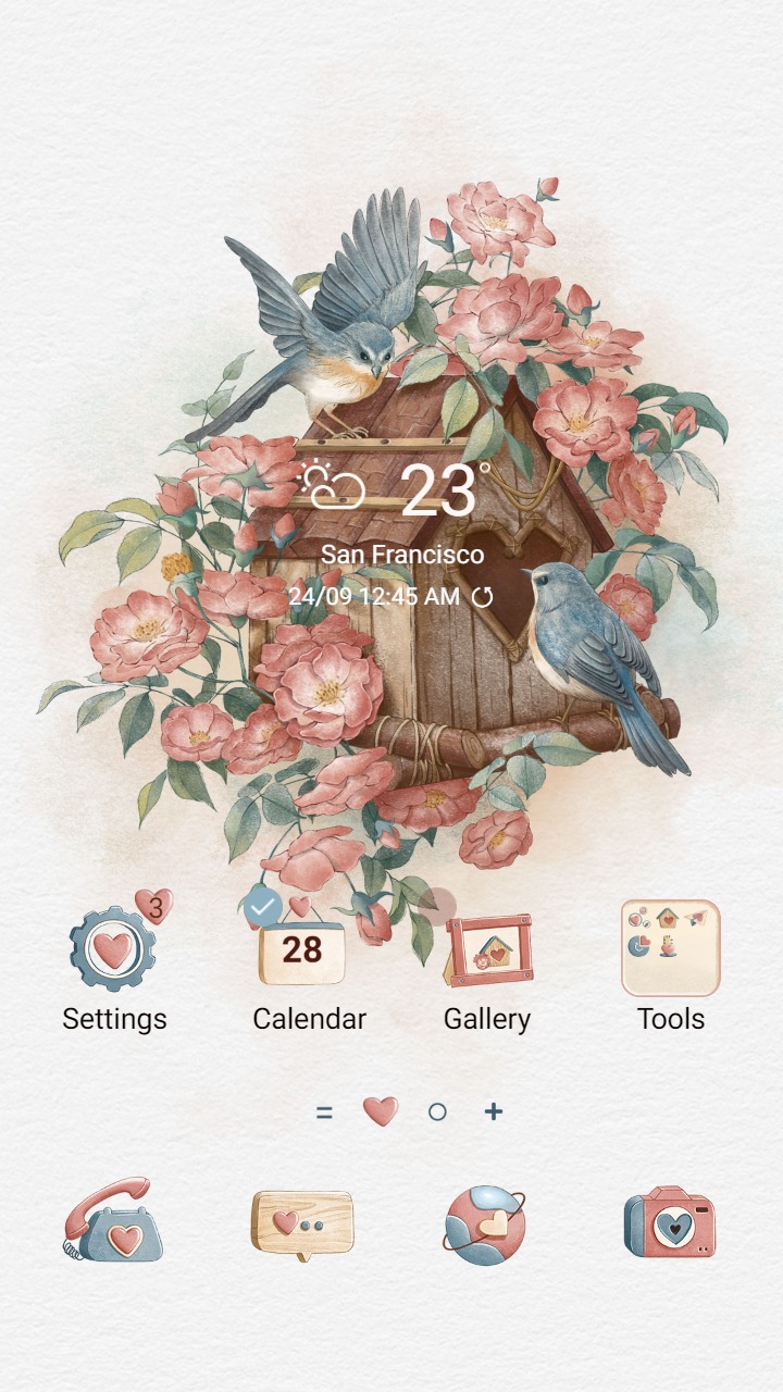 ❤️Mun❤️ Bird house and rose ~❤️ Premium Theme Official with cute pink flowers and couple birds