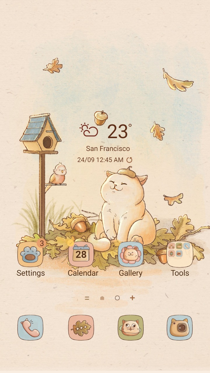 Chilling Chubby Cat ❤️ Mun _Premium Theme Official with falling leaves and cute bird