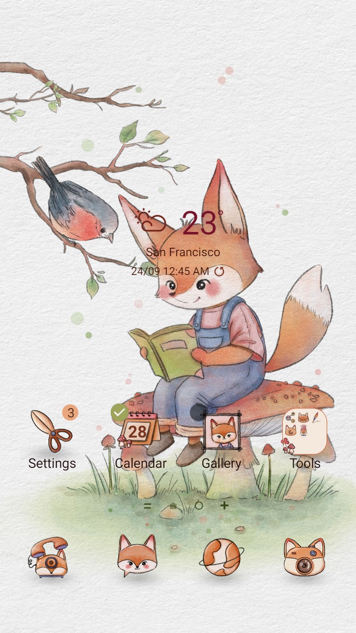 ❤️Mun❤️ Fox and Bird Illustration ~❤️ Premium Theme Official in jungle with mushroom and book