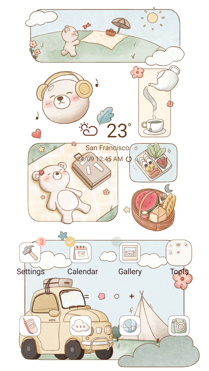 ❤️Mun❤️ Bear's Picnic Delight ~❤️ Premium Theme have a cute teddy bear go camping in green hill