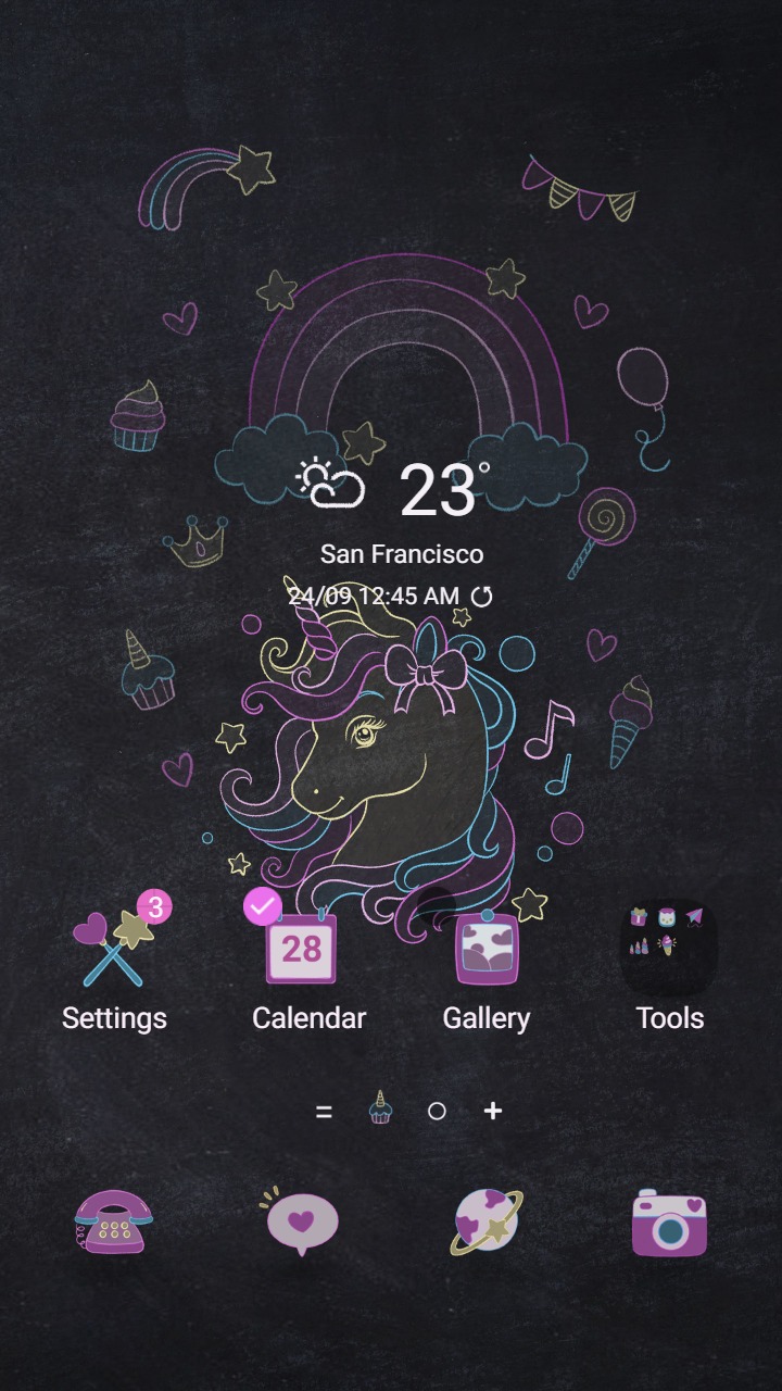 ❤️Mun❤️ Chalky Unicorn Dreams ~❤️ Premium Theme child's sweety unicorn sketch with cake, candy and rainbow