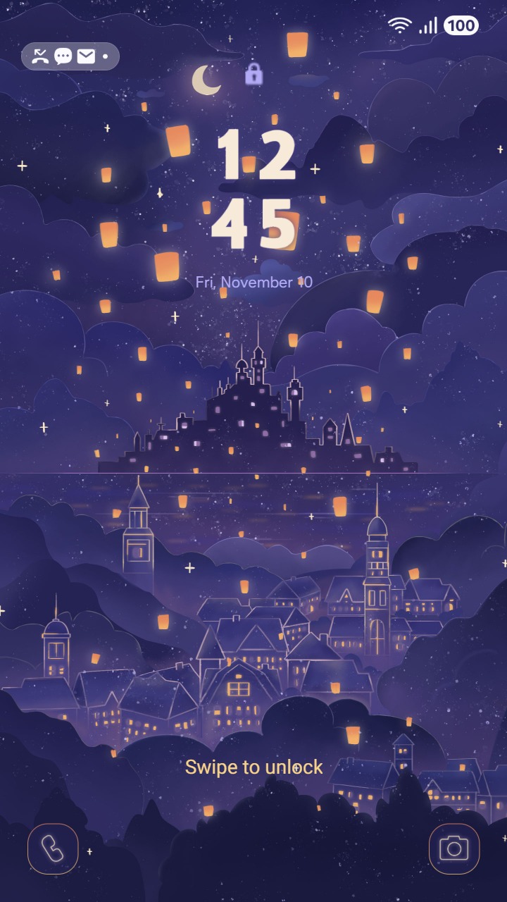 ❤️Mun❤️ Lantern Night ~❤️ Premium Theme glowing lanterns rise above a dreamy town under a starlit sky