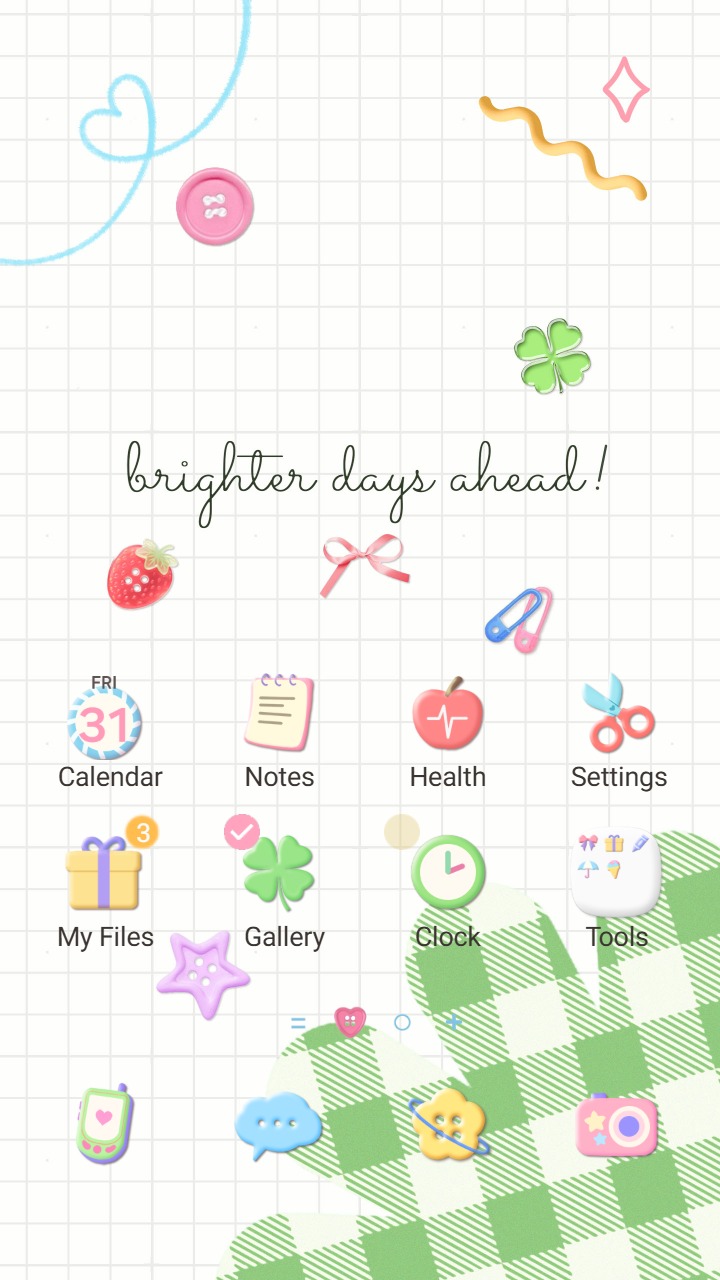 ❤️Mun❤️ Brighter Days ~❤️ Premium Theme cheerful doodles with clovers, strawberries and bows inspire positivity