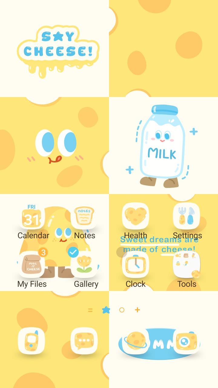 ❤️Mun❤️ Cute Cheese ~❤️ Premium Theme cute cheese and milk illustrations in a soft yellow grid