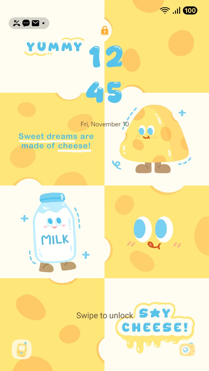 ❤️Mun❤️ Cute Cheese ~❤️ Premium Theme cute cheese and milk illustrations in a soft yellow grid